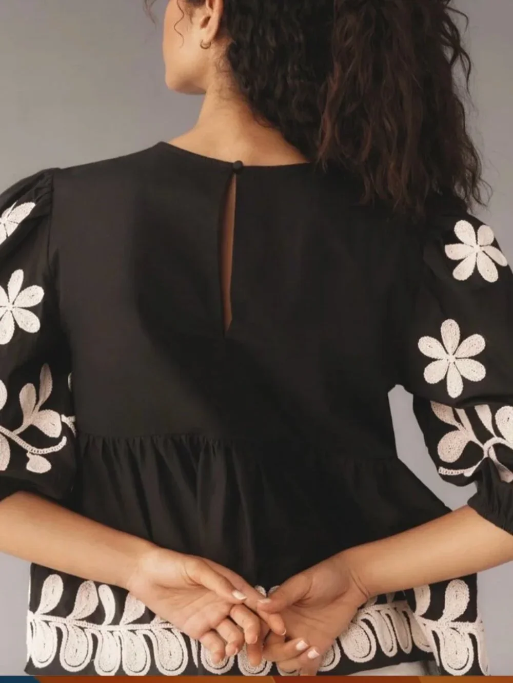 Anthropologie Black Peasant Blouse with Ivory Floral Embroidery - L - Picture 2 of 7